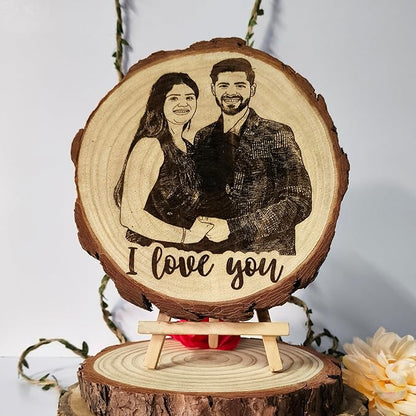 Personalized Wooden Photo Frame with Stand | Natural Himalayan Deodar Wood | Custom Engraved Photo Gift | Round Wooden Slice Plaque | Birthday, Anniversary & Couple Gift
