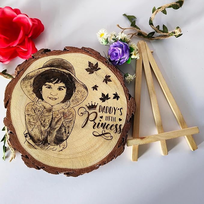 Personalized Wooden Photo Frame with Stand | Natural Himalayan Deodar Wood | Custom Engraved Photo Gift | Round Wooden Slice Plaque | Birthday, Anniversary & Couple Gift